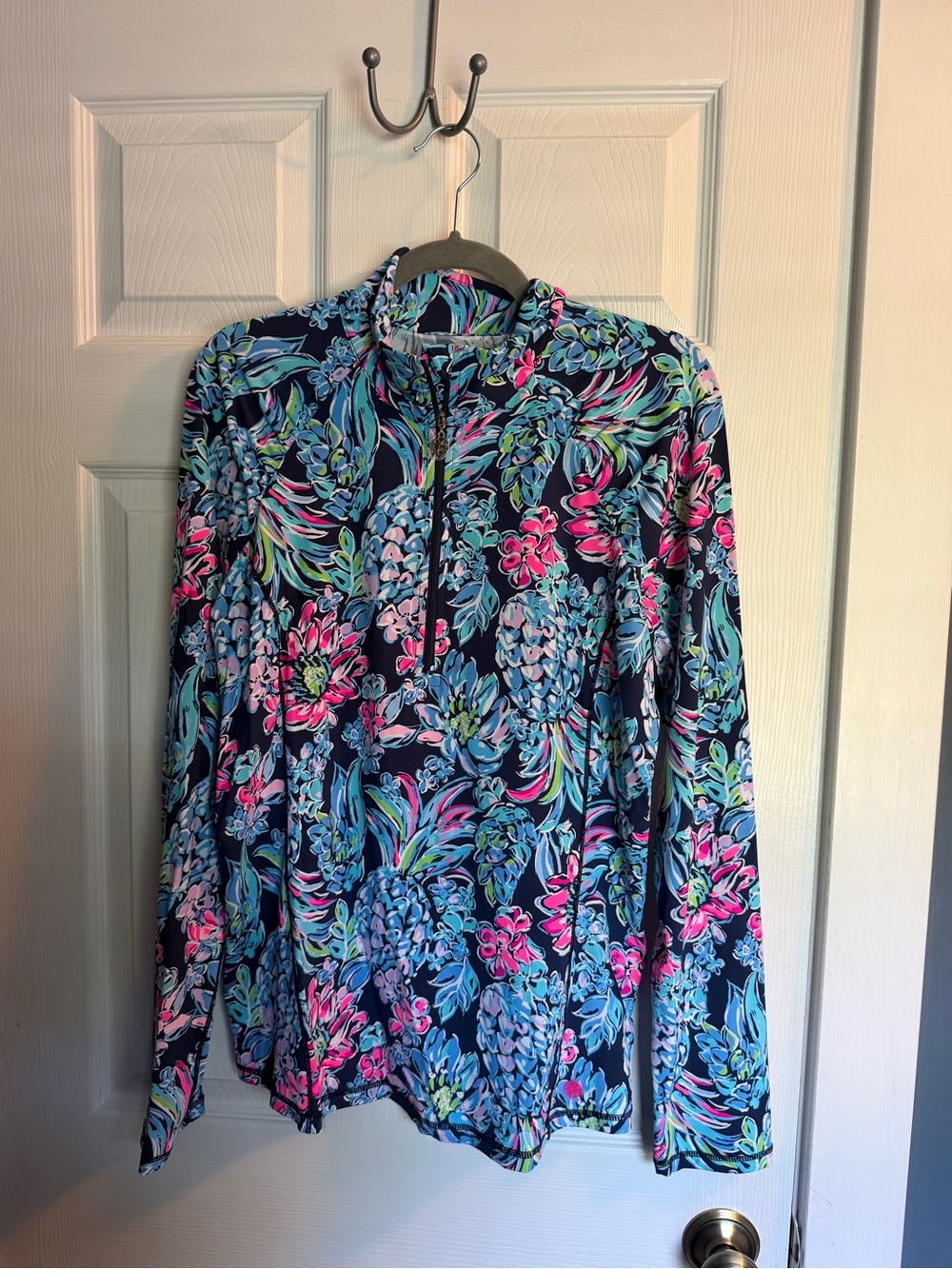 Lilly Pulitzer Navy Floral Quarter-Zip with Pink & Aqua Accents